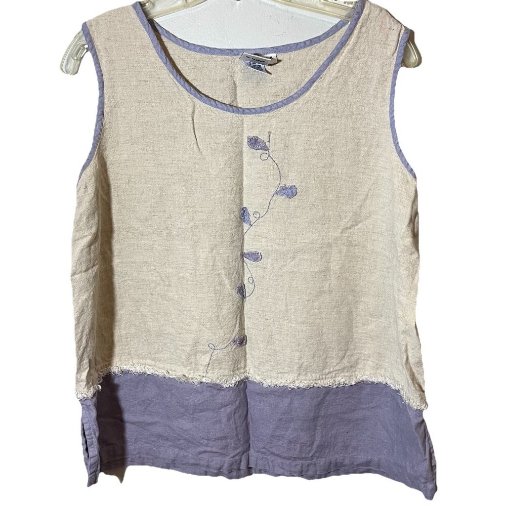 Usindo Sleeveless Top Tan Purple Fringe Floral Embroidery Sz XL
